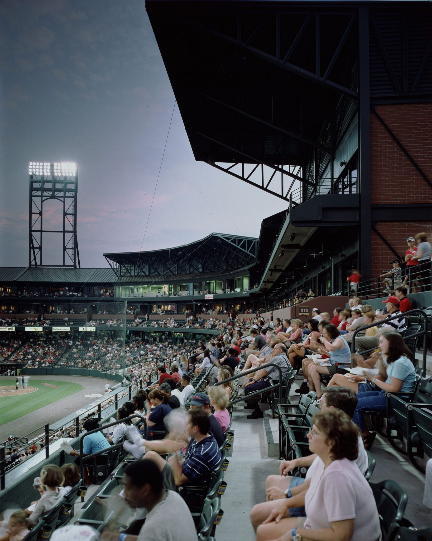 AutoZone Park’s brick facade & dark steel trusswork recall traditional ballpark design.