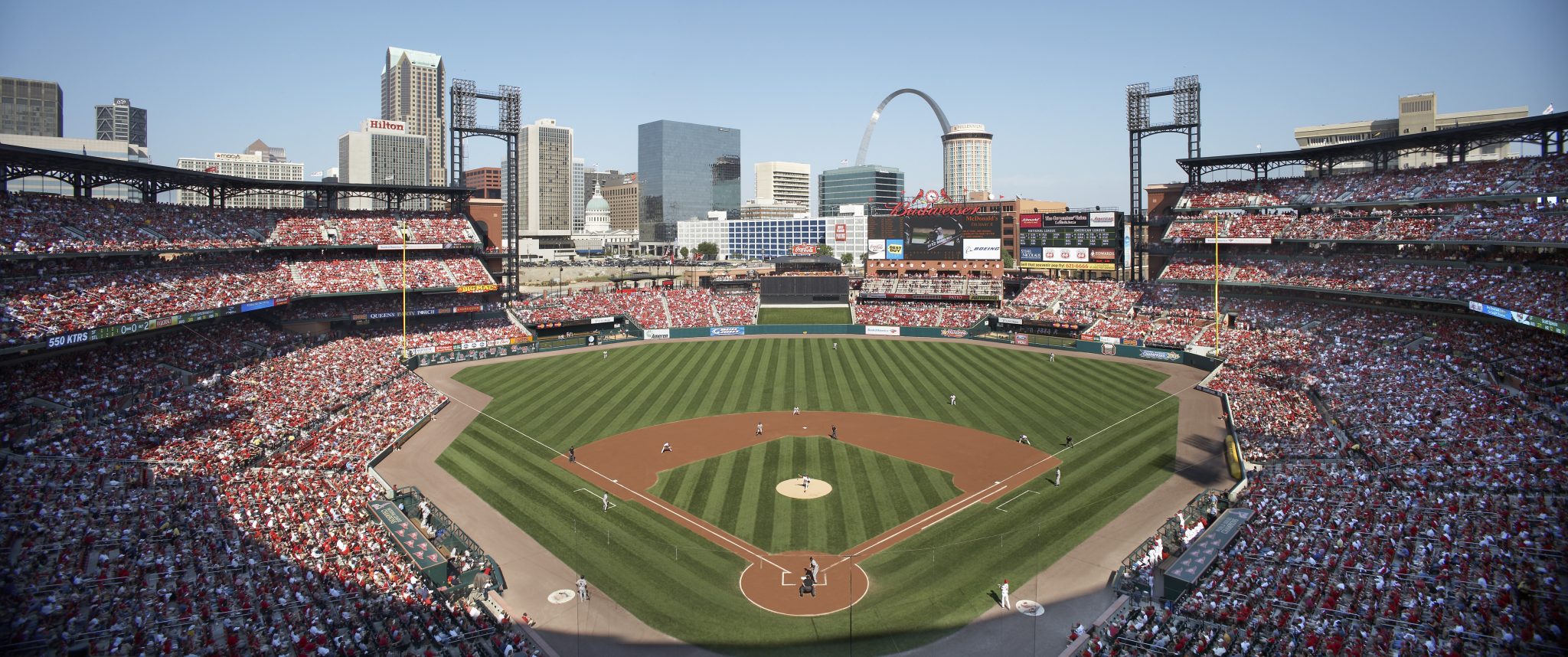Most fans have a view of the famous St. Louis Arch during the game.