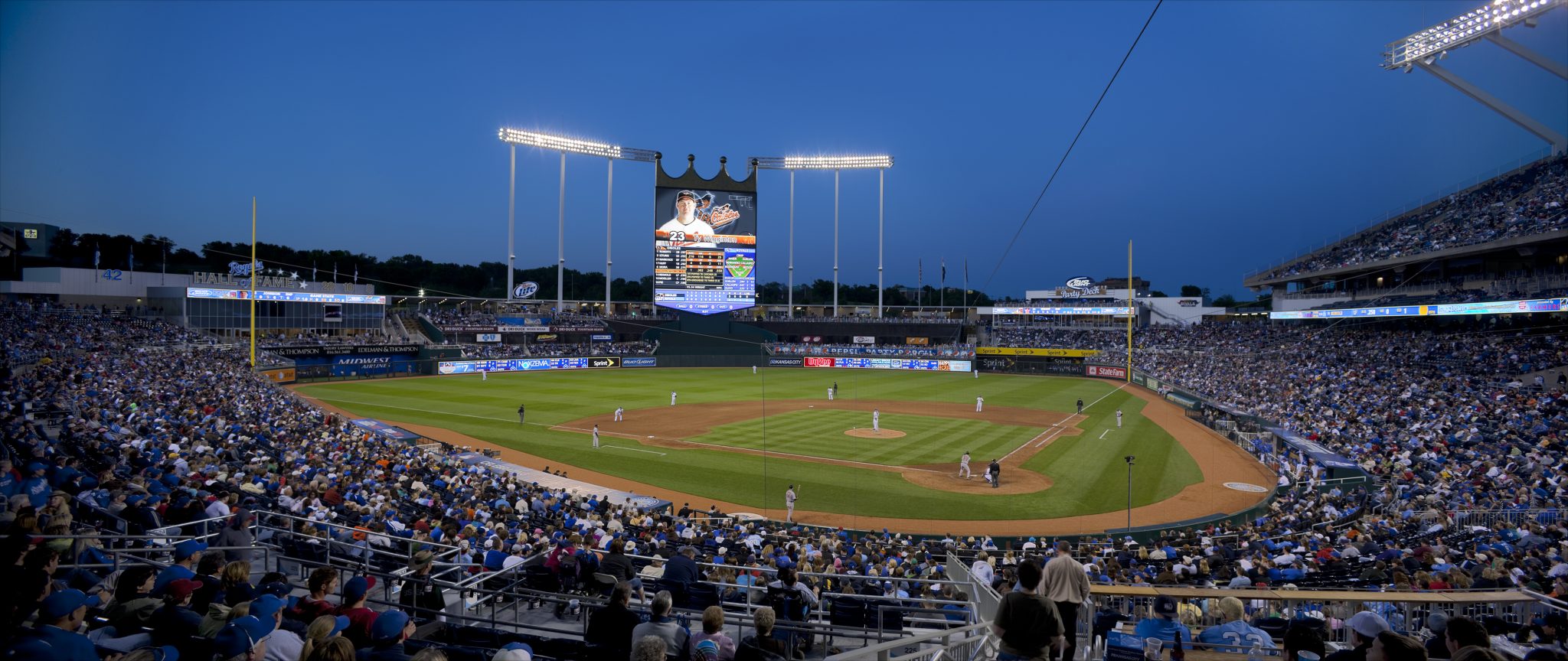 The crown scoreboard features one of the largest video boards in the MLB.