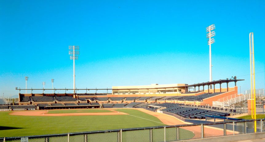 The spring training complex is designed to blend with its desert setting.