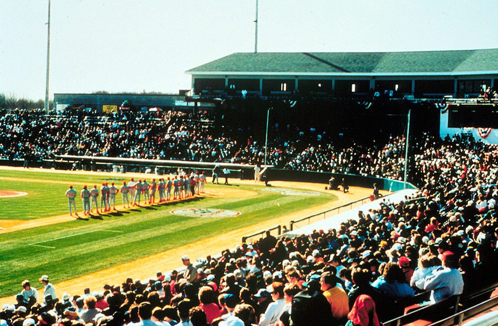 The stadium is a serene baseball setting in Connecticut's wooded hills.