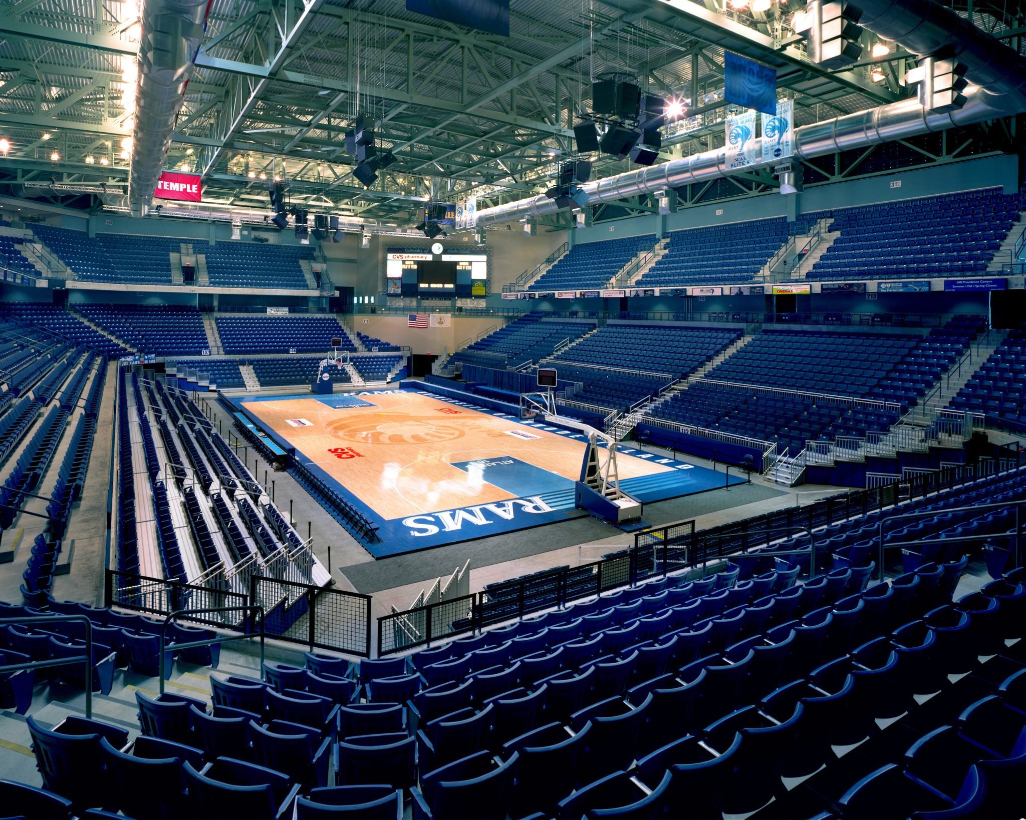 Ryan Center, home of the University of Rhode Island Rams, has 8,000 seats, 500 club seats and 22 suites.