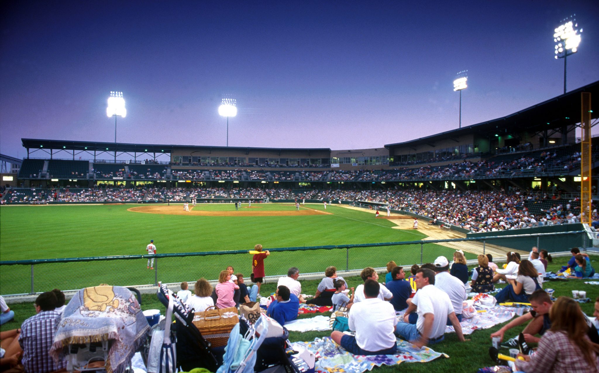 A park-like setting allows views of downtown over the center field wall.