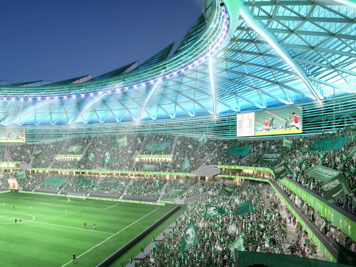 Aramco Stadium elliptical seating bowl with uninterrupted pitch views by Populous